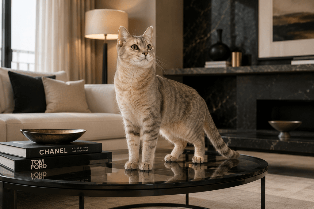 Cat breeds for apartment living standing alert in modern room
