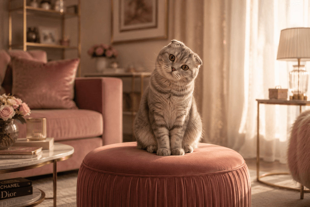 Cat breeds for apartment living Scottish Fold on velvet pouf