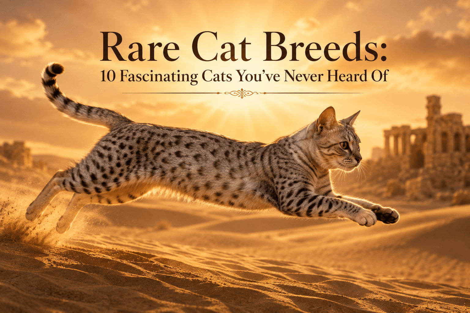 Rare cat breed Egyptian Mau leaping across desert dunes at sunrise