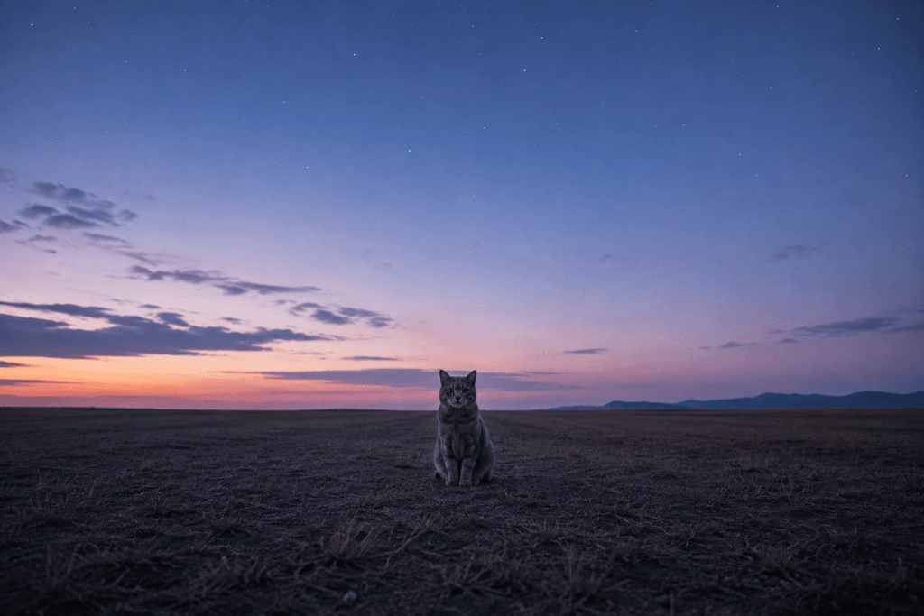 Rare cat breed sitting alone in open field at dusk