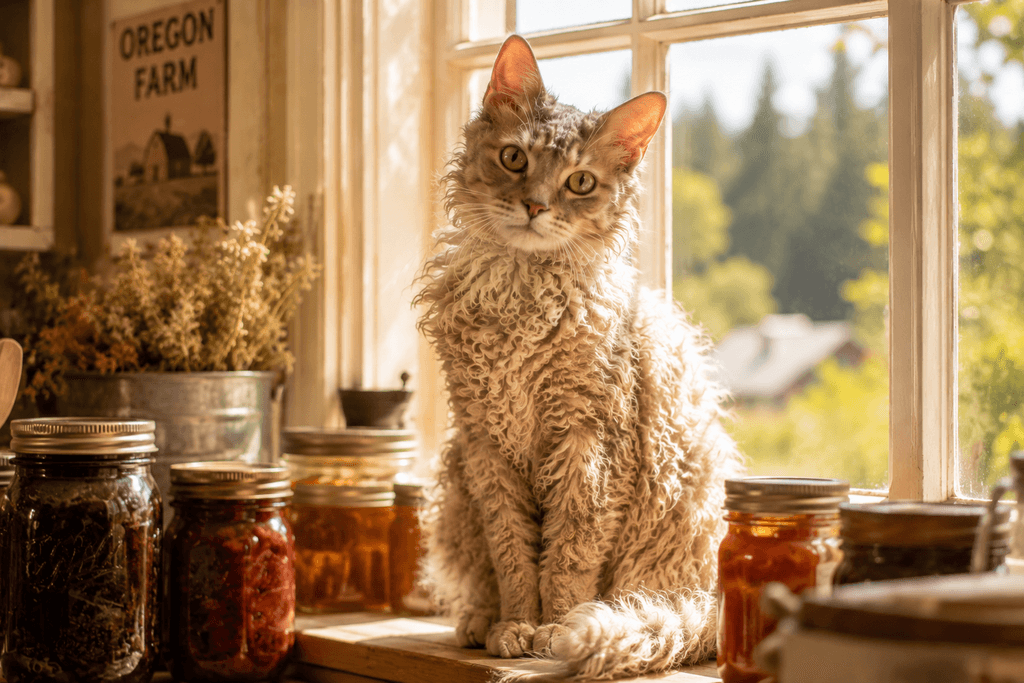 Rare cat breed LaPerm cat sitting in farmhouse window
