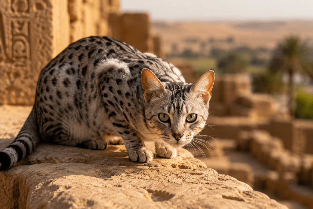 Rare cat breed Egyptian Mau crouched on ancient stone wall