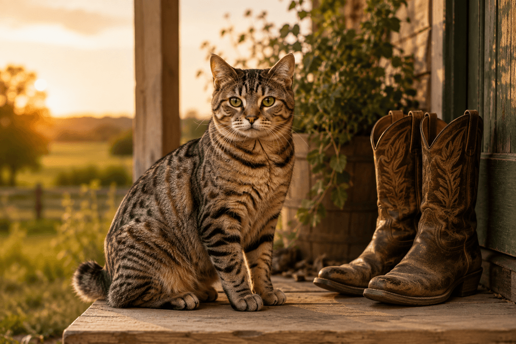 Rare cat breed American Bobtail cat sitting on porch step