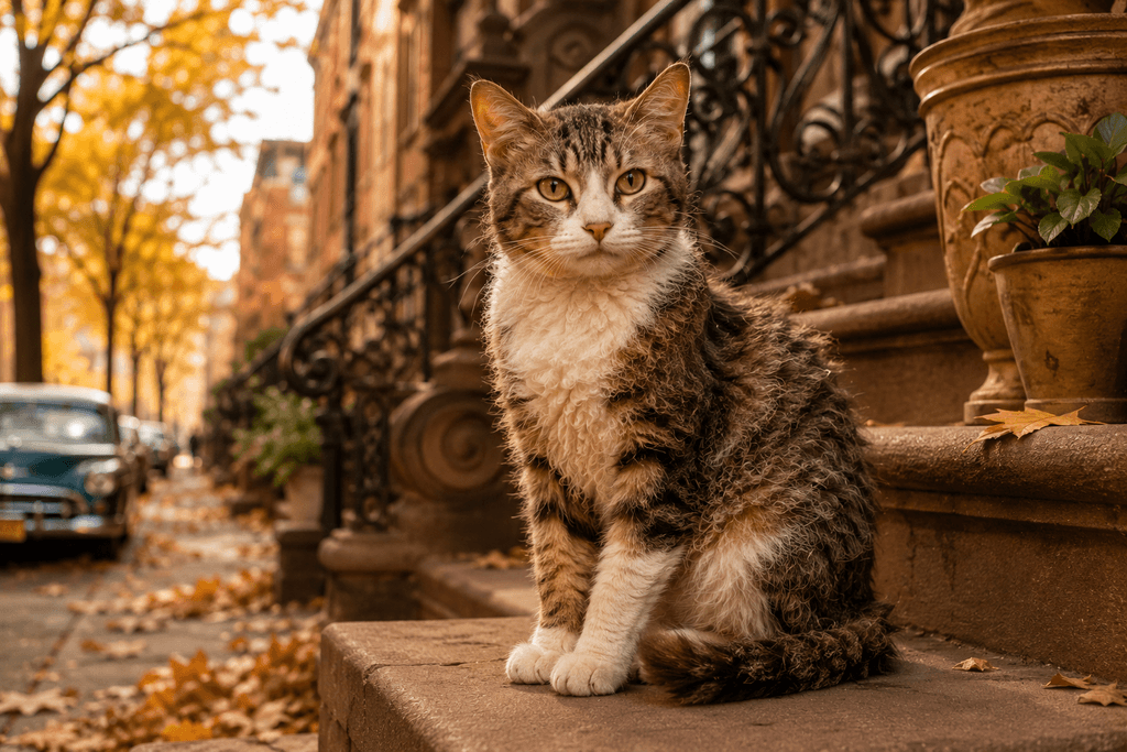 Rare cat breed American Wirehair sitting on brownstone stoop