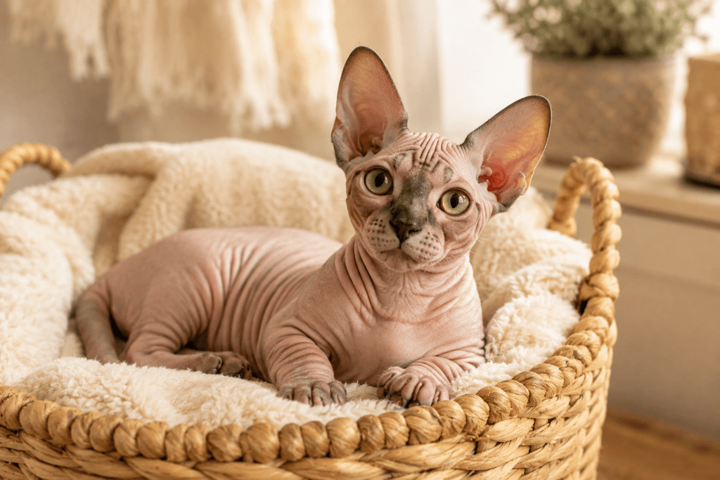 Rare cat breed Minskin cat resting in cozy basket