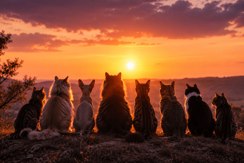 Rare cat breed silhouettes sitting together at sunset