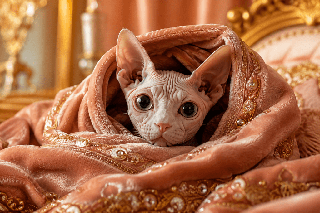 Sphynx affectionate cat breed wrapped in soft warm blanket