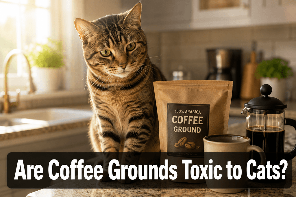 Are coffee grounds toxic to cats, cat near coffee grounds on kitchen counter