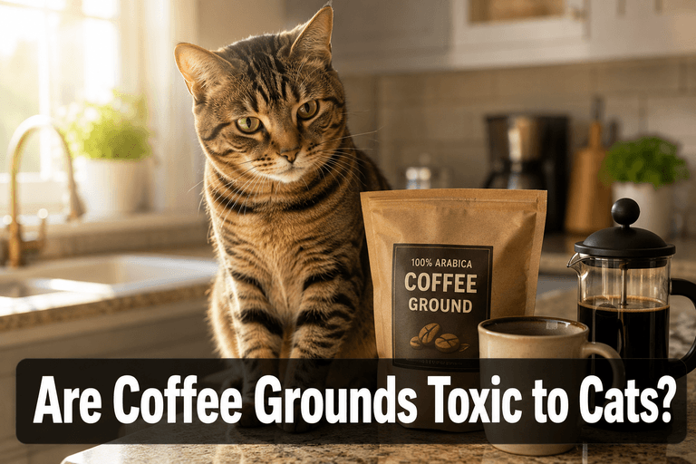 Are coffee grounds toxic to cats, cat near coffee grounds on kitchen counter