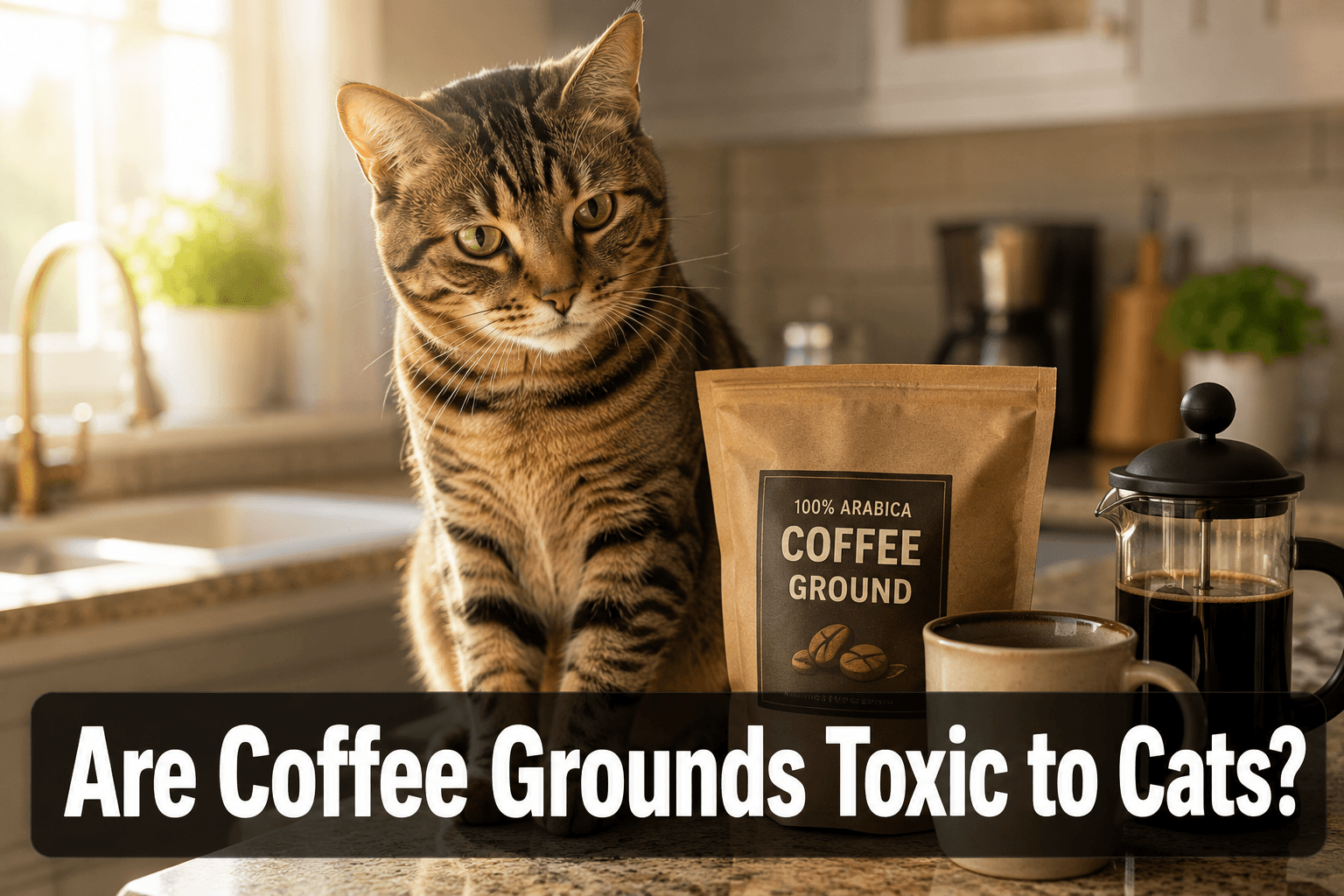 Are coffee grounds toxic to cats, cat near coffee grounds on kitchen counter