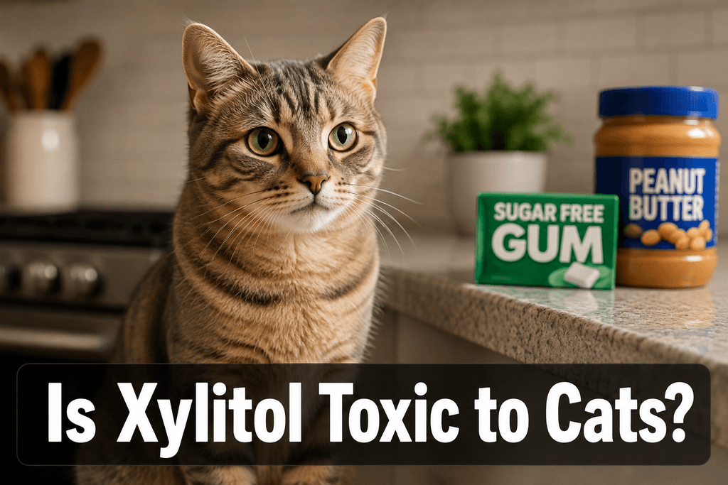 s xylitol toxic to cats, cat near sugar-free products in a kitchen