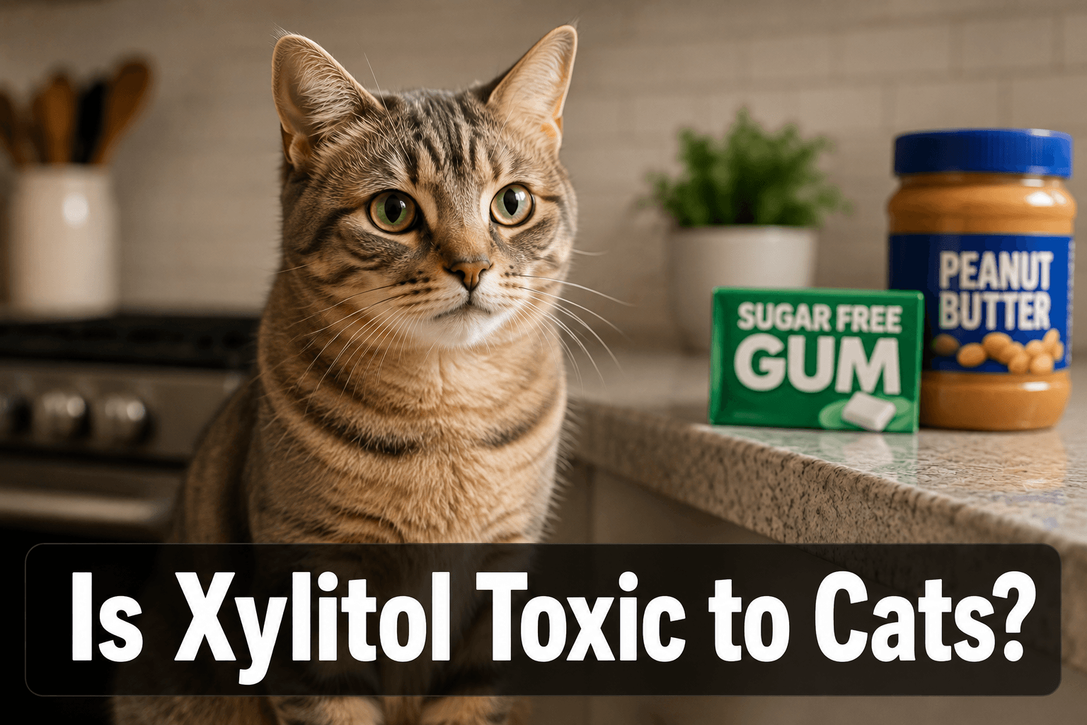 s xylitol toxic to cats, cat near sugar-free products in a kitchen