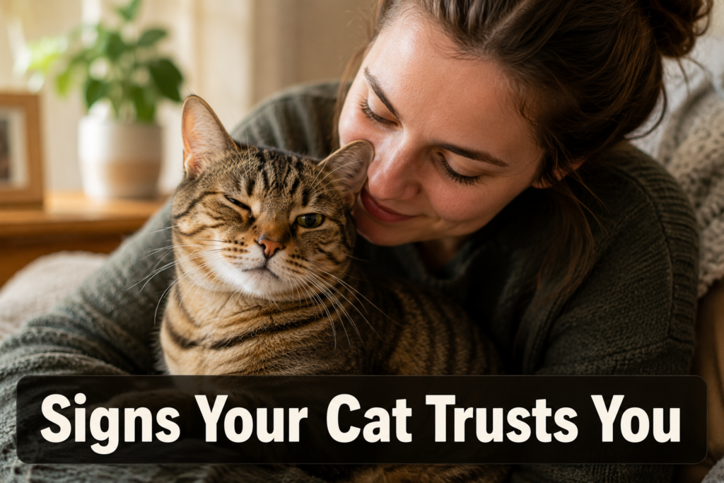 Signs your cat trusts you, cat giving a relaxed slow blink to owner