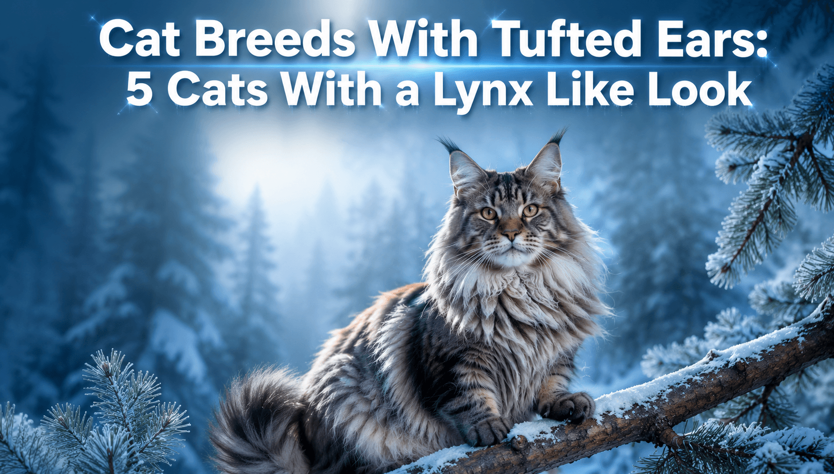 Cat breeds with tufted ears Maine Coon sitting on snowy pine branch
