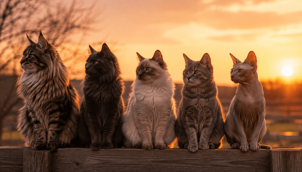 Cat breeds with tufted ears group comparison at sunset
