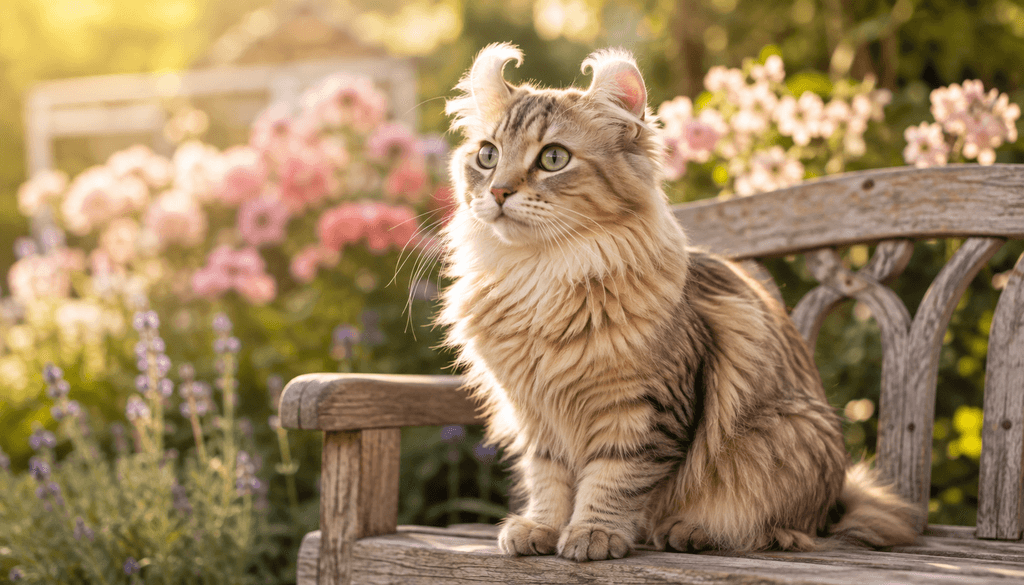 Cat breeds with tufted ears American Curl on garden bench