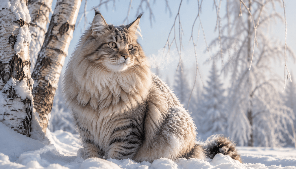Cat breeds with tufted ears Siberian cat sitting in snow