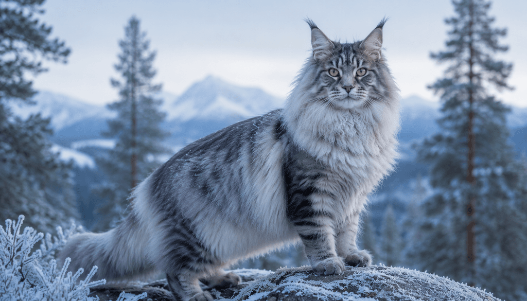 Cat breeds with tufted ears Norwegian Forest Cat on frosted rock