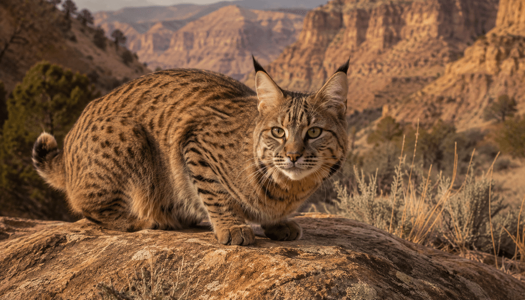 Cat breeds with tufted ears Pixie-Bob crouched on rocky boulder