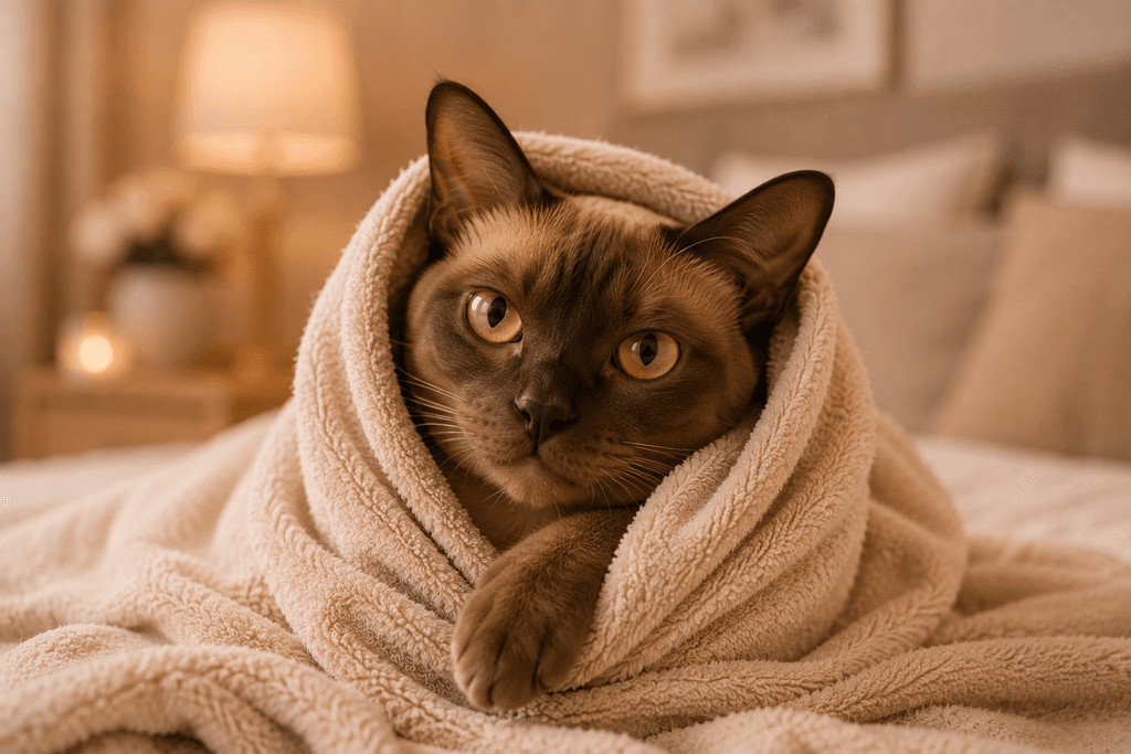 Why does my cat hate grooming Burmese cat wrapped in towel