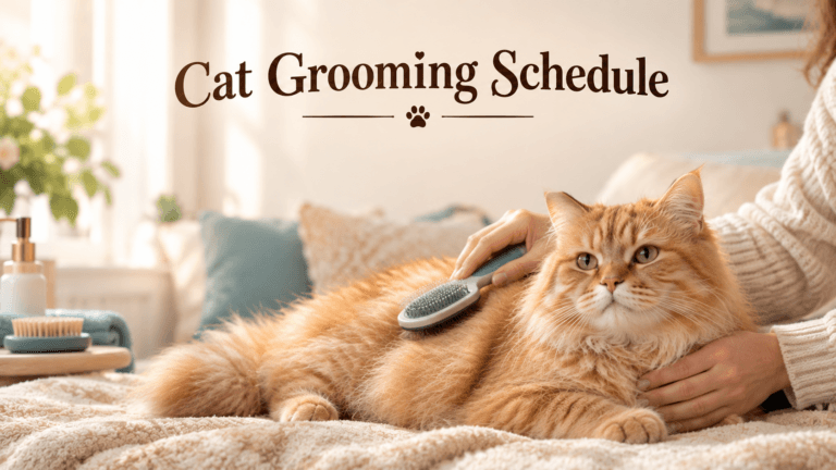 Cat grooming schedule guide showing a fluffy orange tabby cat being brushed at home
