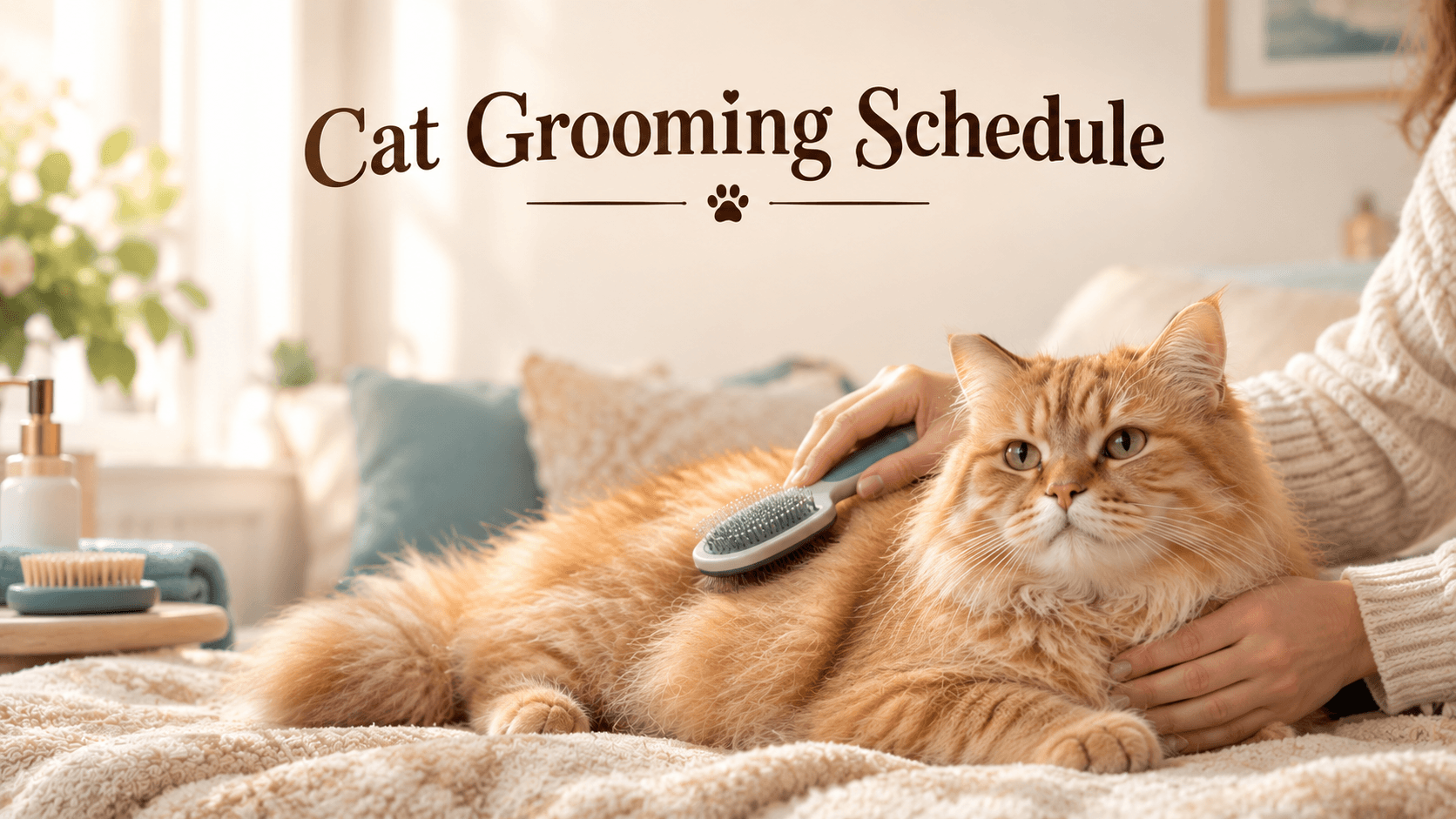 Cat grooming schedule guide showing a fluffy orange tabby cat being brushed at home