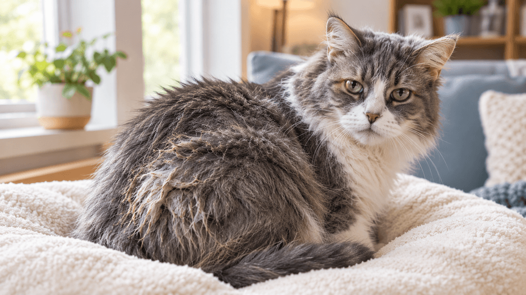 Senior gray and white cat showing signs of reduced self-grooming due to age