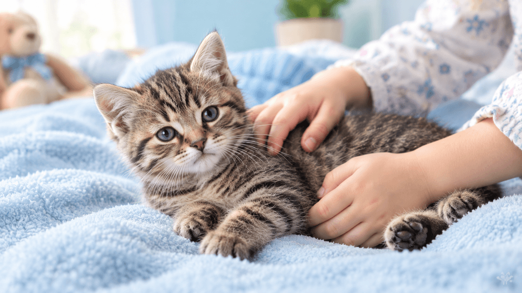 Young tabby kitten being gently introduced to handling and grooming