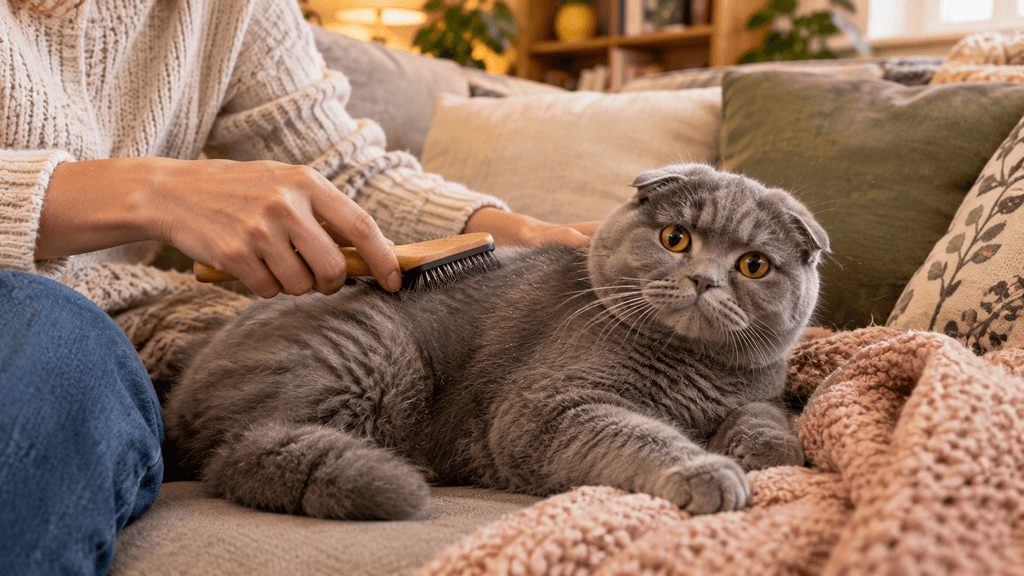 Scottish Fold cat being carefully brushed to suit its specific coat and health needs