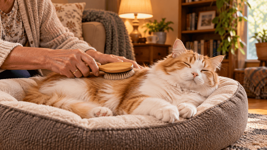 Senior white and ginger cat being gently brushed on a soft pet bed