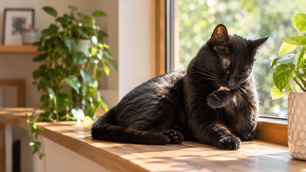 Adult black short-haired cat self-grooming on a sunny windowsill